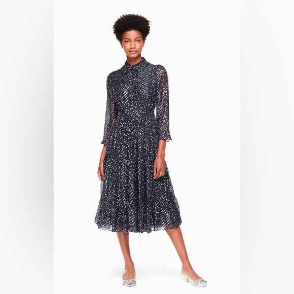 PRICE DROP! Kate Spade New York Night Navy Blue & Silver Sky Dot Midi Dress - Picture 7 of 7
